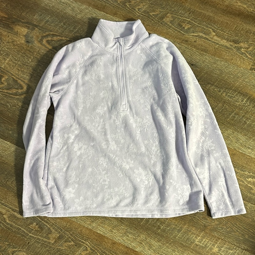 🌻Eddie Bauer 1/2-zip, floral print, lavender mock neck fleece pullover sz L EUC - Picture 1 of 5